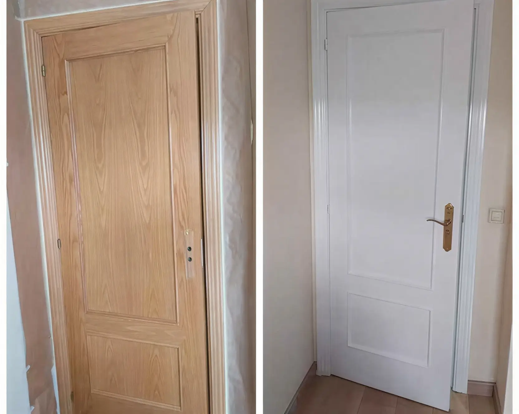 Antes y después de lacar puerta de madera en blanco por Los Pintores Badalona