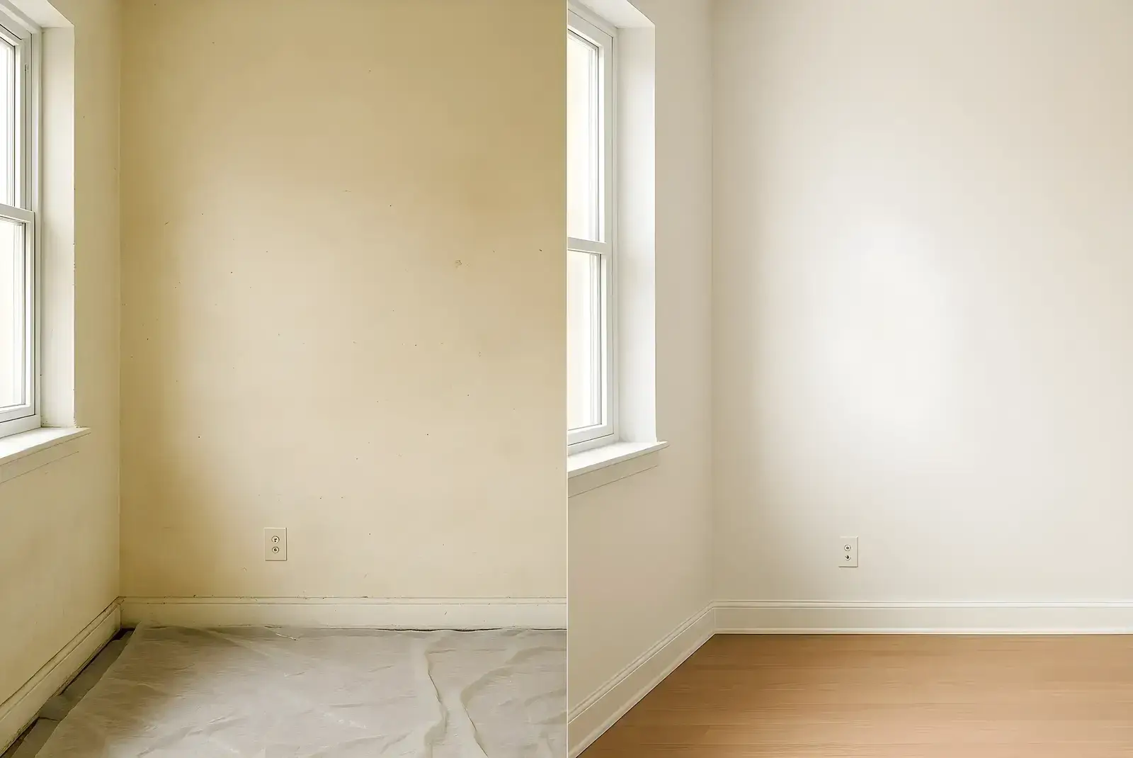 Antes y después de pintura interior en salón, trabajo de Los Pintores Badalona con paredes renovadas