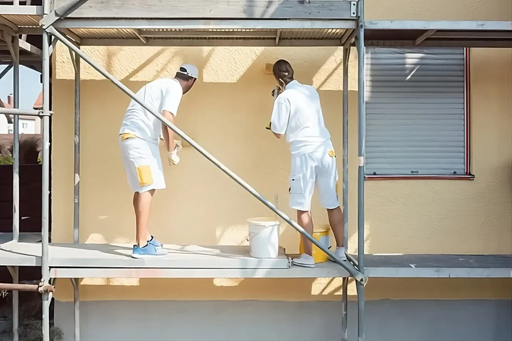 Los Pintores Badalona aplicando pintura exterior de alta calidad en fachada de vivienda